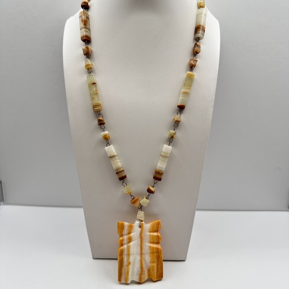 Vintage 90s Boho Hand Carved Onyx Abstract Pendant Necklace Statement Jewelry